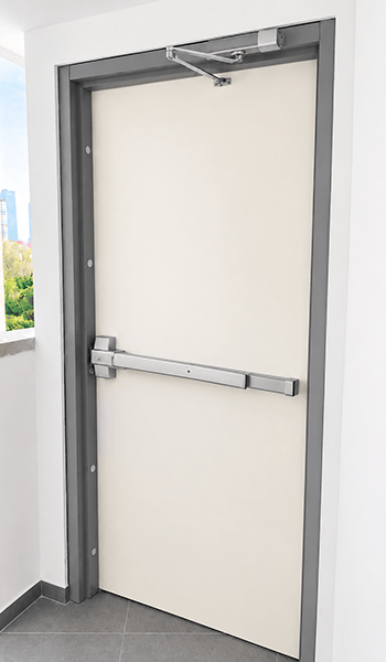 Puerta sencilla con barra antipánico y cierrapuertas